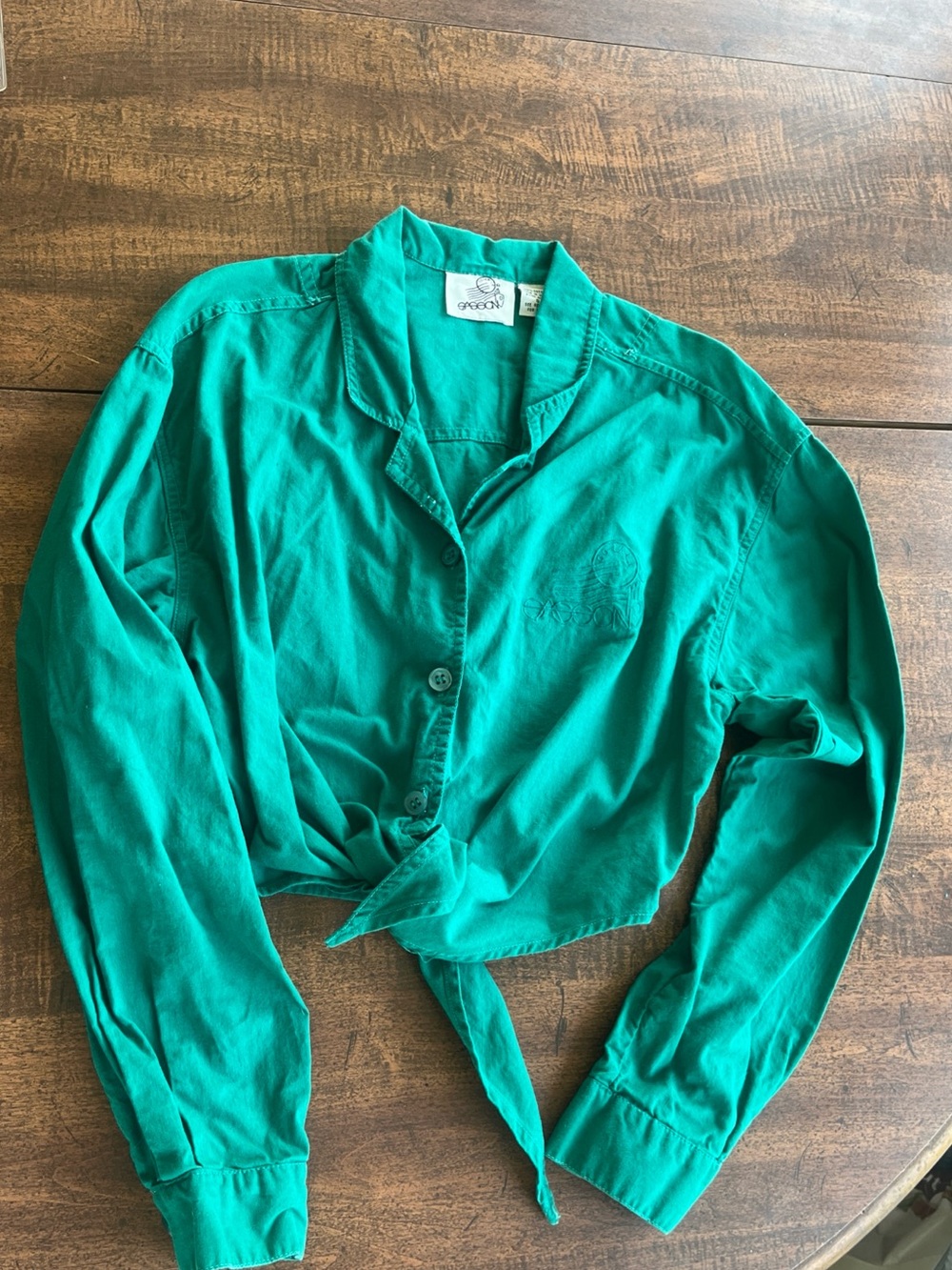 Vintage Sasson Tie Front Crop Top Teal Green 100% Cotton Coastal Prep Shirt S